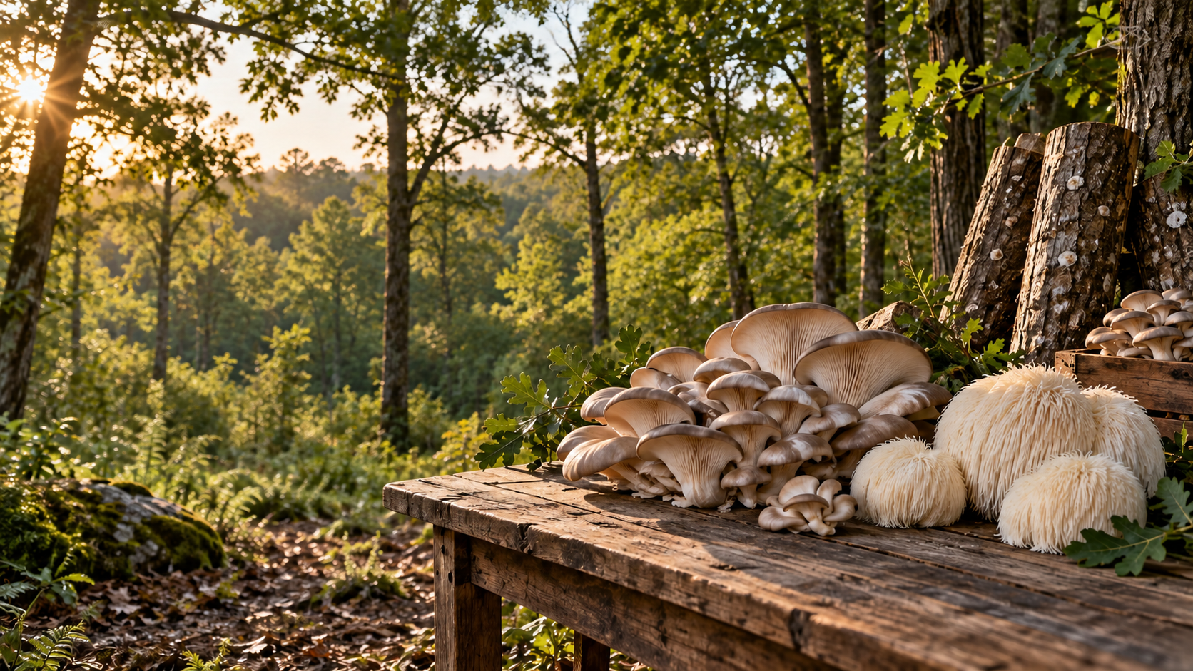 Fresh oyster and lion's mane mushrooms displayed beside hardwood logs in a central Georgia woodland